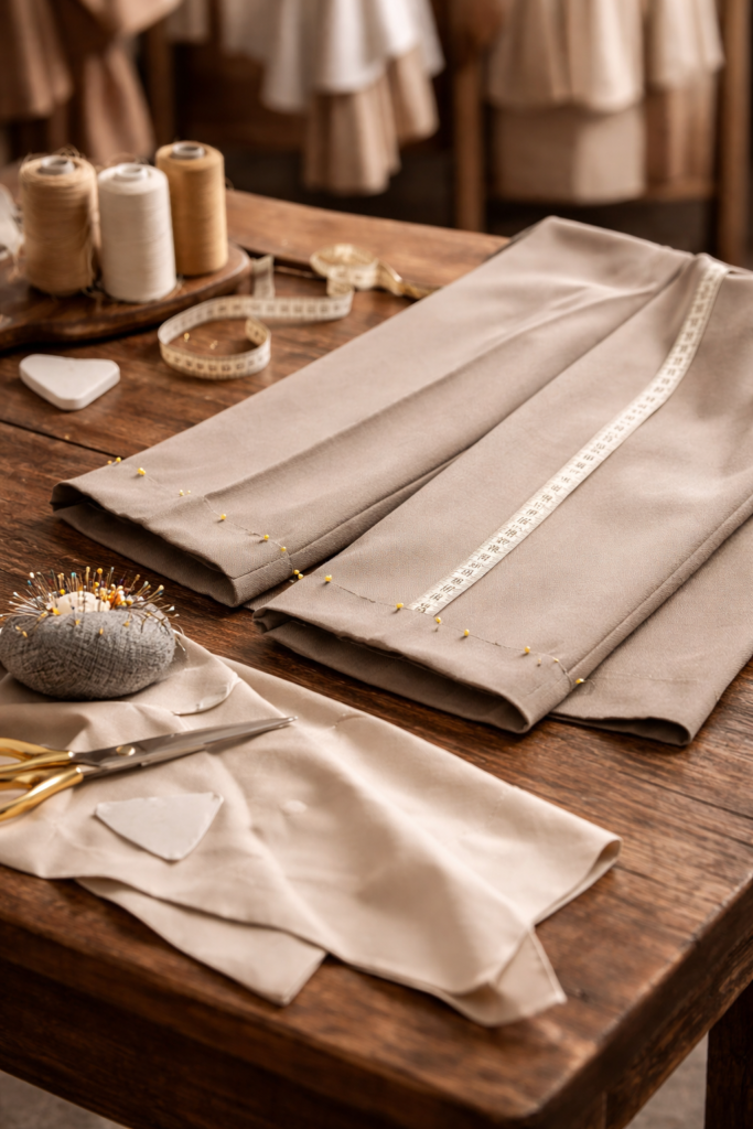 pantalon plié et ruban à mesurer pour retouches