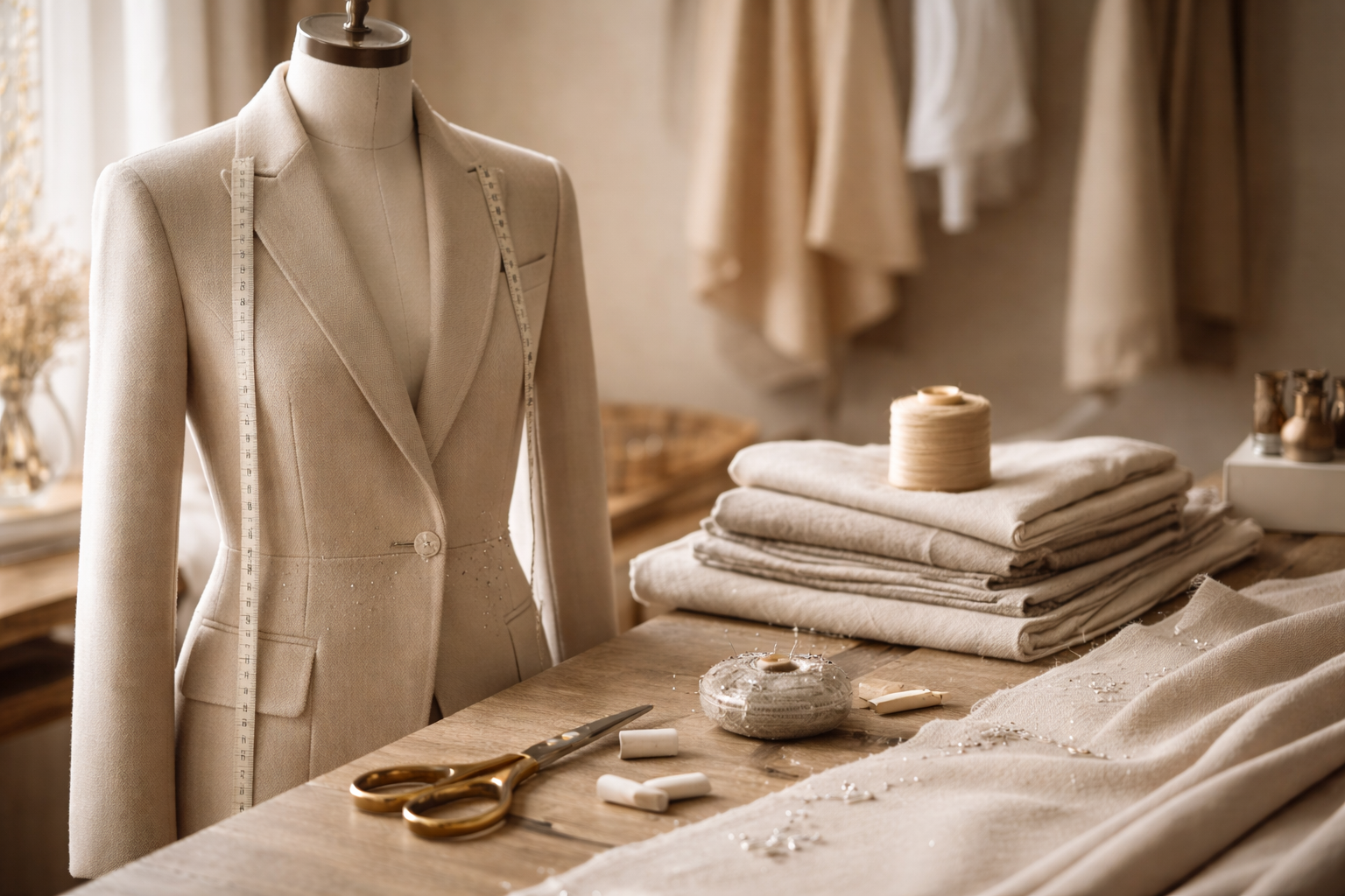 veste beige dans atelier de couture à Laval