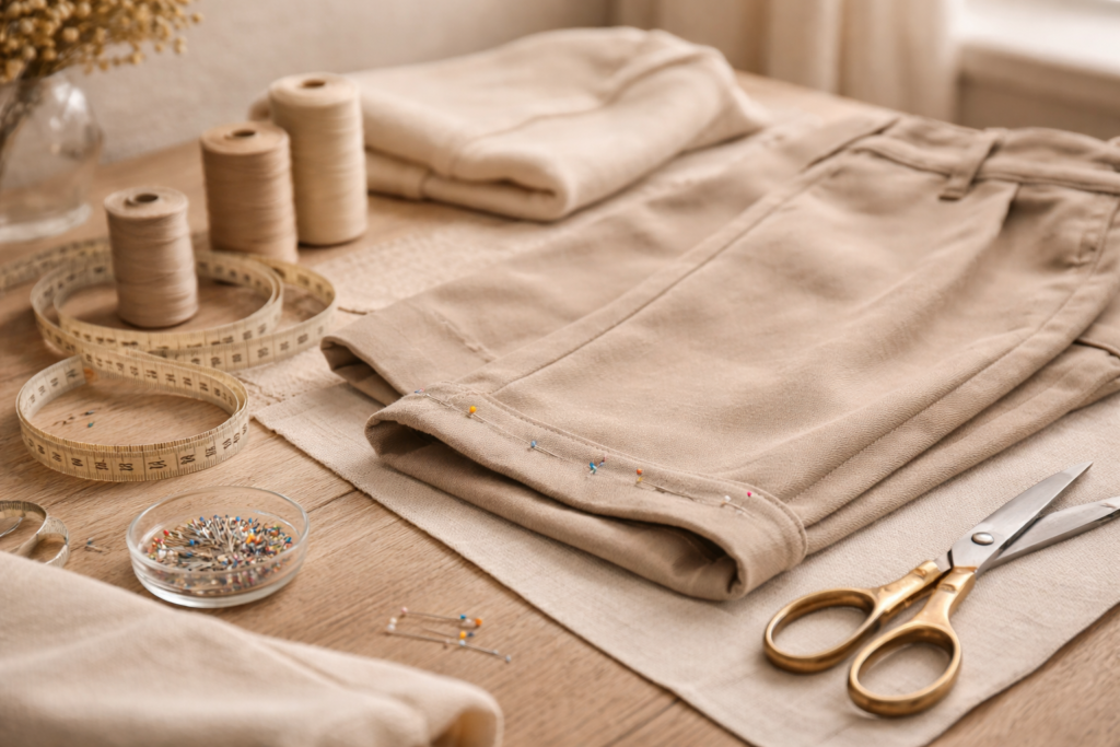pantalon beige et ciseaux pour retouches vêtements