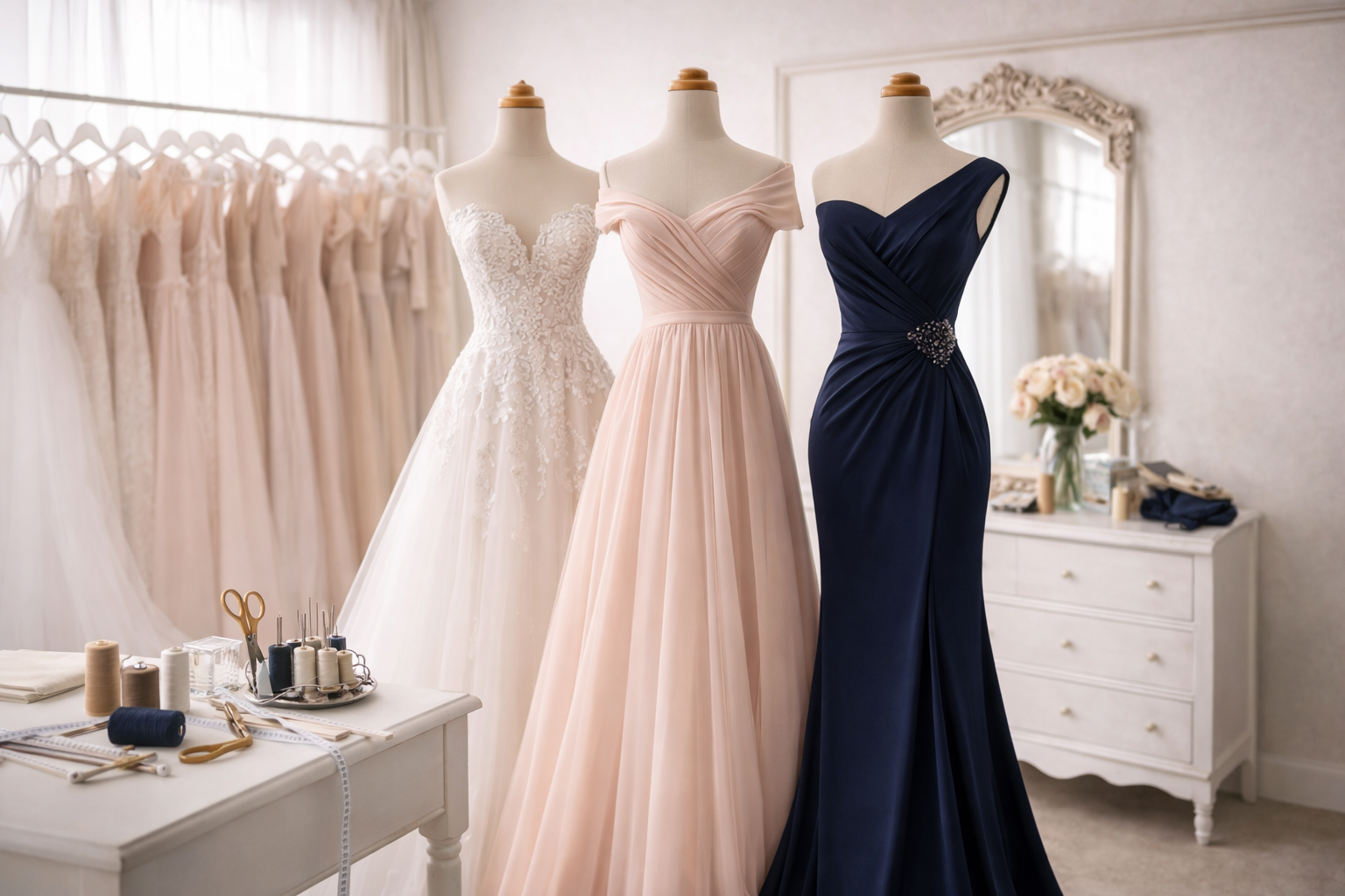 robes habillées dans atelier de couture à Montréal