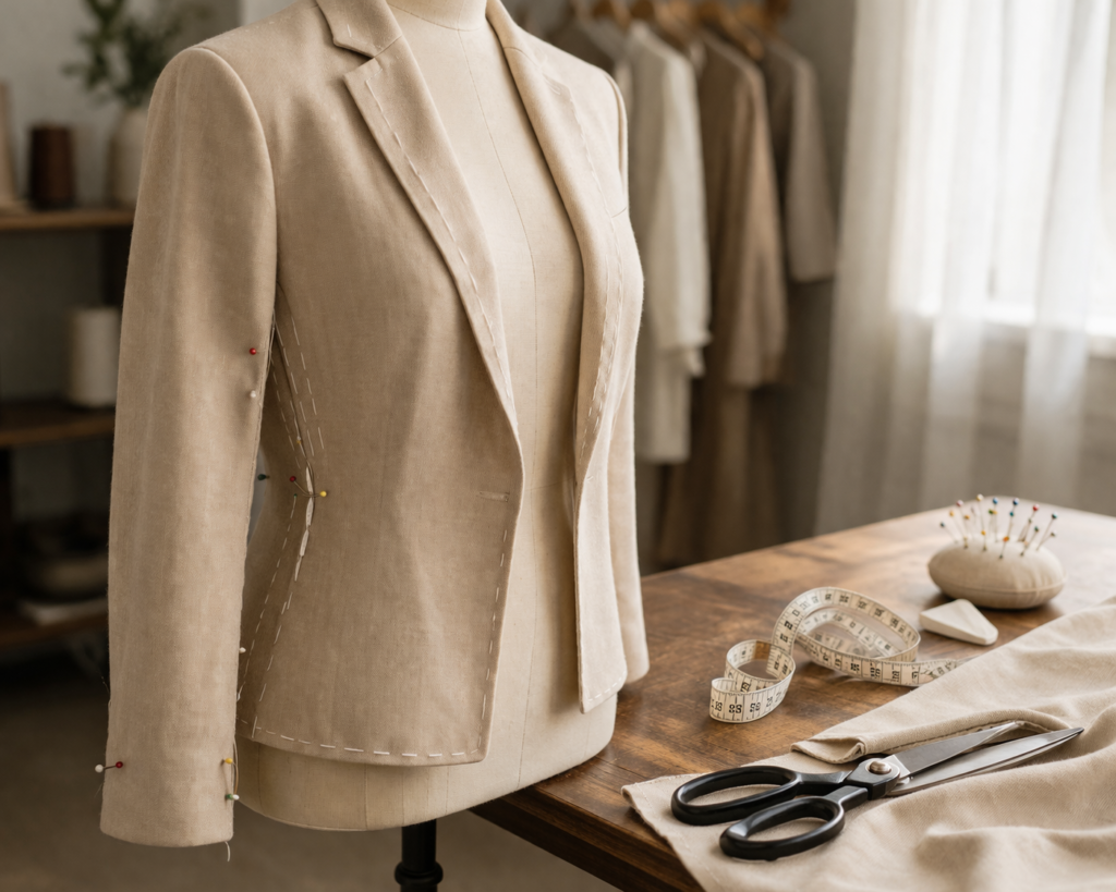 veste beige et outils de couture sur mesure